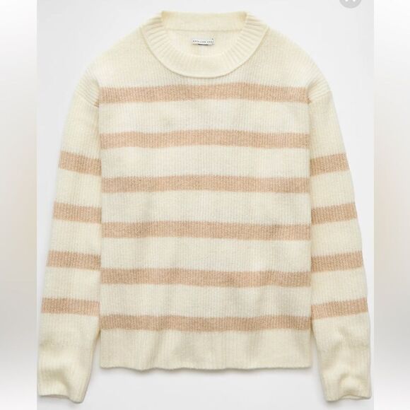 AE Whoa So Soft Crewneck Relaxed Knit Cream Tan Stripe Sweater - Picture 5 of 16